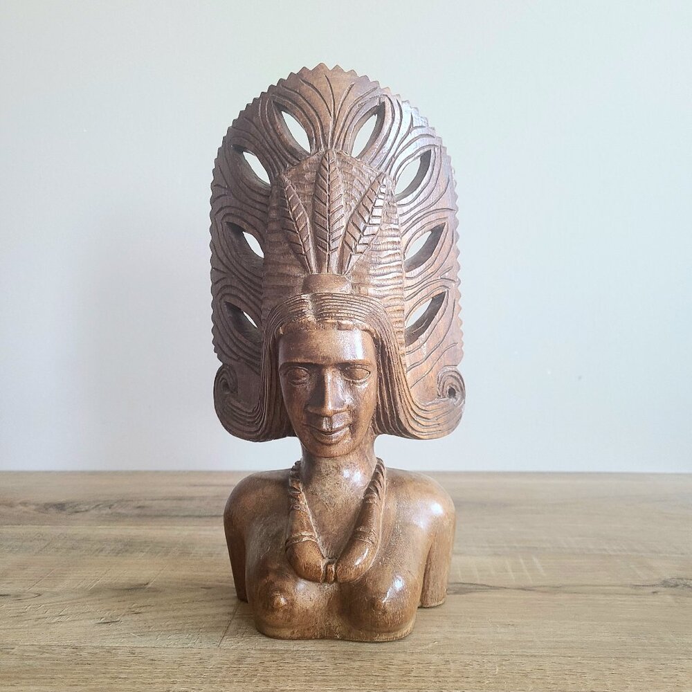 Hand Carved 12'' wooden sculpture statue women's bust. Indigenous Tribal Native.